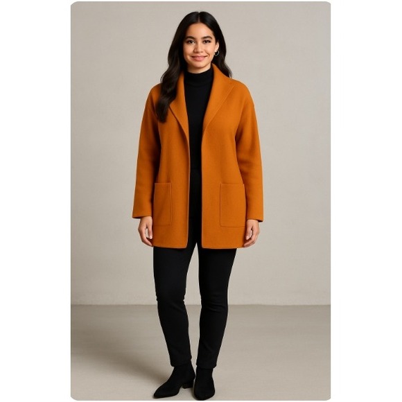 Eileen Fisher Wool-Cashmere Shawl-Collar Coat Cardigan in Marigold/Orange, PS - Picture 2 of 11